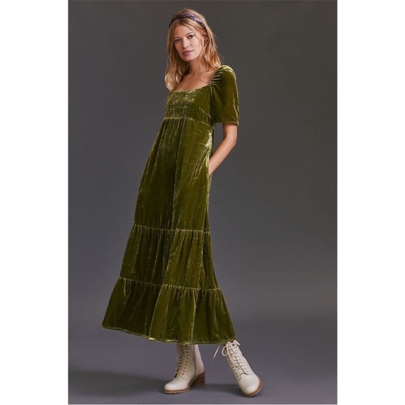 By Anthropologie Velvet Empire Waist Midi Dress - Moss Green - Size 16W - NWT - Picture 4 of 16